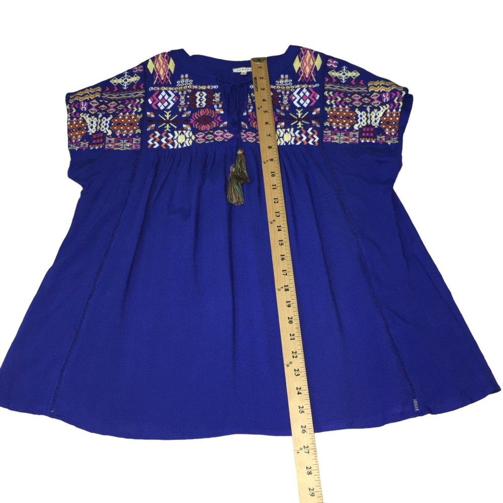 JODIFL Blue Embroidered Multicolor Lightweight Rayon Oversize Top Women’s Small - Picture 4 of 11